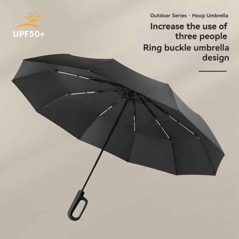 Fully Automatic Umbrella for Men and Women with Ring Buckle Design Large Rib Strong Sunshade Double Umbrella Folding Compact